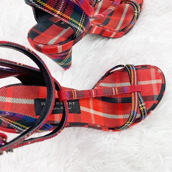 Burberry Red Checkered Canvas T Strap Sandals Tartan Wool Cone-heel Size 35.5 - Picture 8 of 12